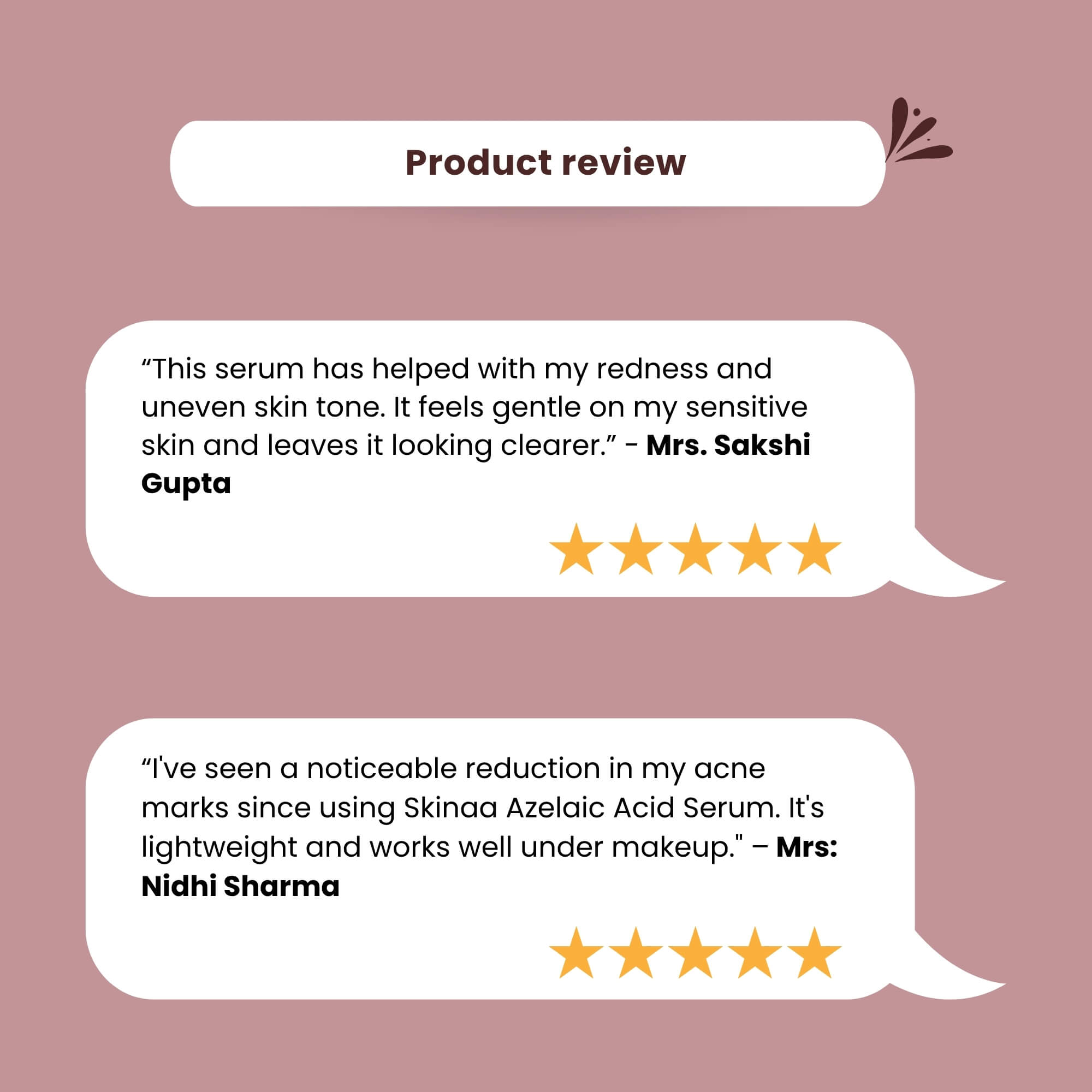 Customer reviews of Skinaa Azelaic Acid Serum highlighting reduced redness, clearer skin tone, acne mark reduction, and lightweight formula for sensitive skin.